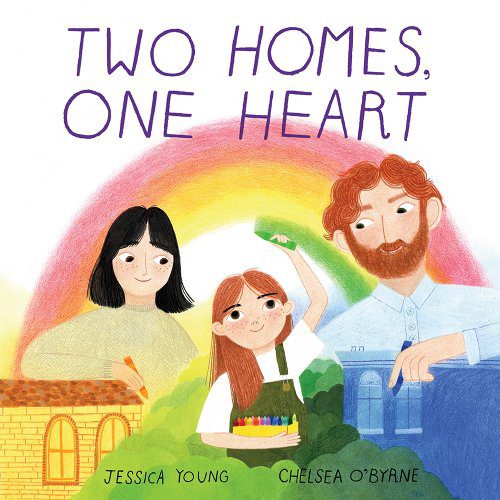 A book cover with three people and the title of two homes, one heart.