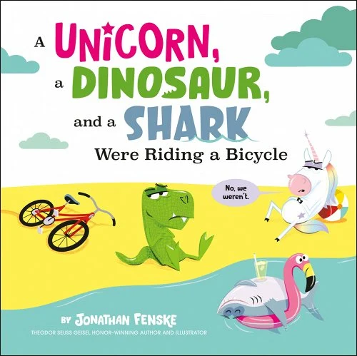 A unicorn, a dinosaur and a shark were riding a bicycle