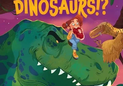 A book cover with a boy standing on the back of a dinosaur.