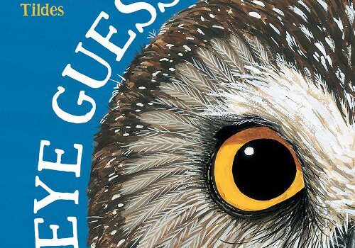 A close up of an owl 's eye with the title " eye guess ".