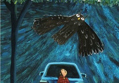 A book cover with an owl flying over a girl.