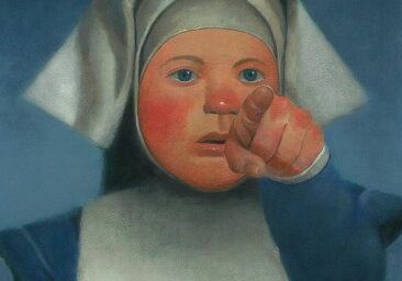 A painting of a nun with her finger in the mouth.