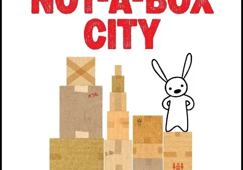 A book cover with an image of boxes and a rabbit.