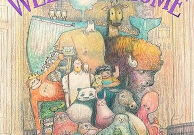 A book cover with many different animals and people.