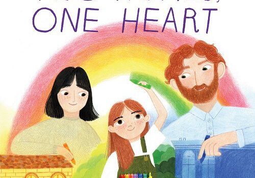 A book cover with three people and the title of two homes, one heart.