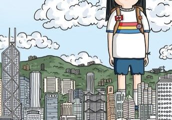 A cartoon of a girl standing in front of the city skyline.