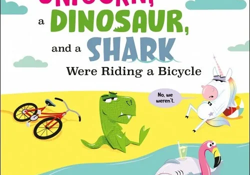 A unicorn, a dinosaur and a shark were riding a bicycle