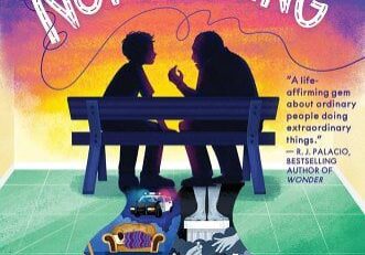 A book cover with two people sitting on top of a bench.